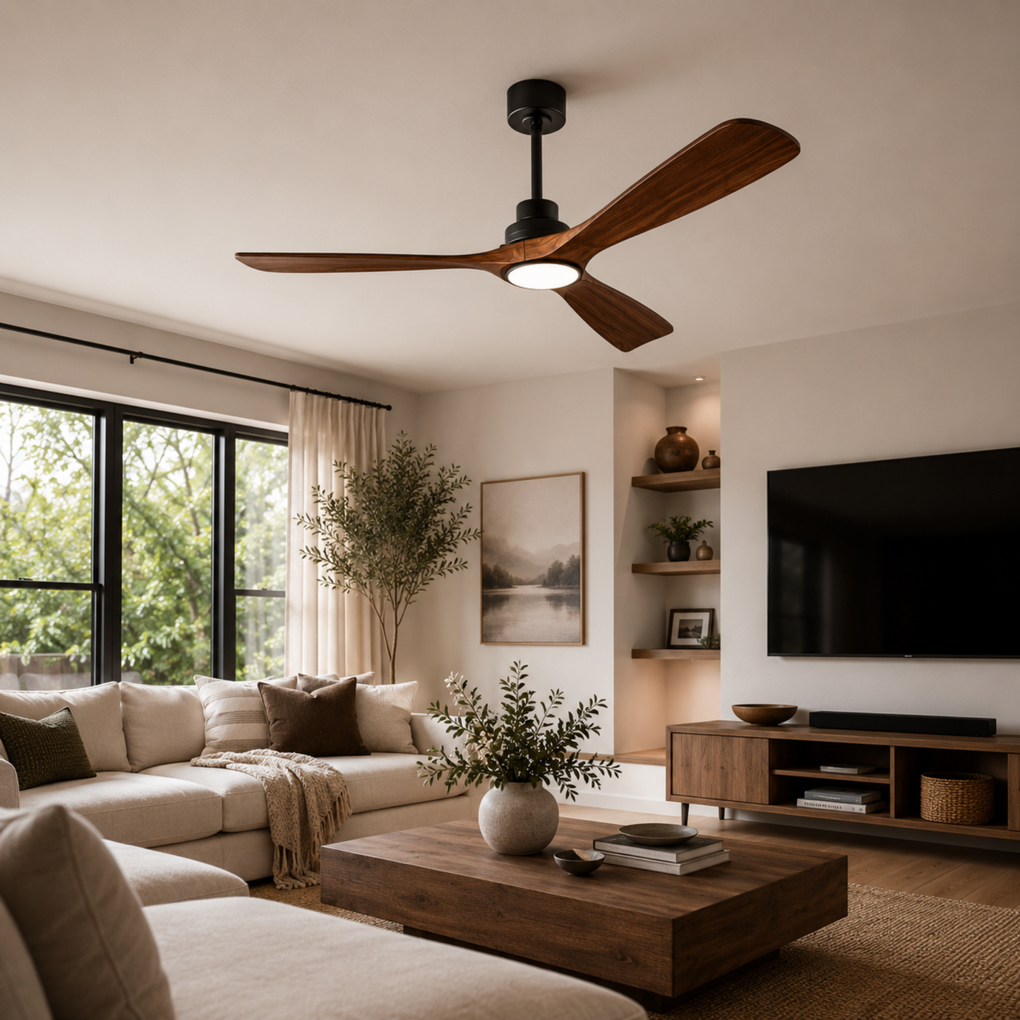 Ventilateur de plafond moderne avec pales en bois et lumière intégrée