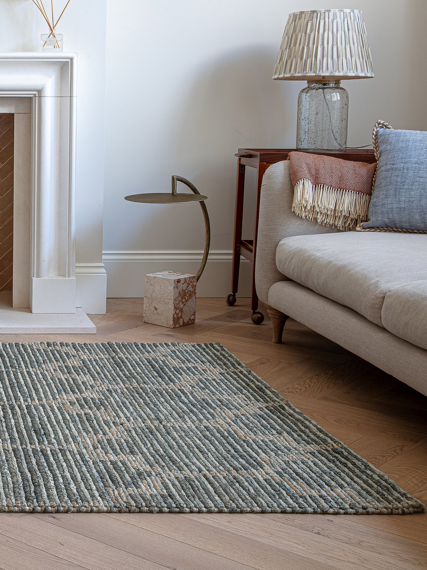 Handwoven wool-jute rug, blue