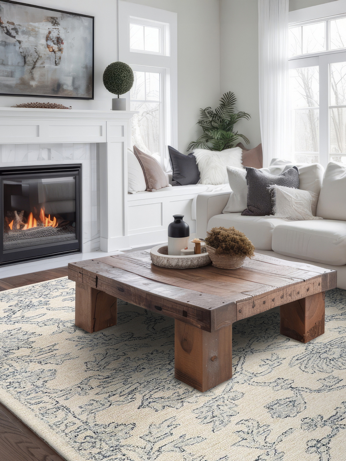 Tapis persan botanique Elvara en laine et coton