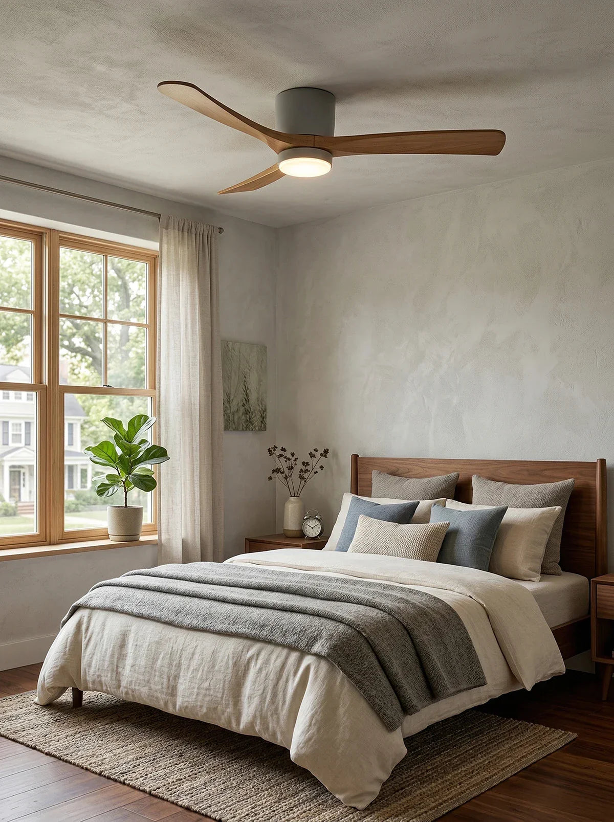 Ventilateur de plafond moderne avec pales en bois et lumière intégrée