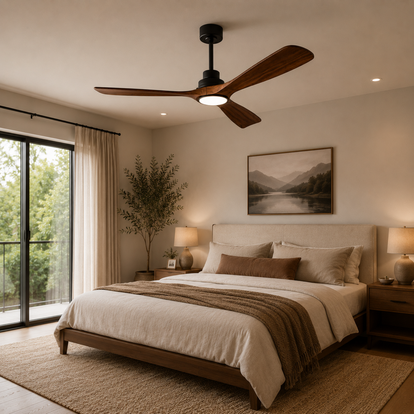 Ventilateur de plafond moderne avec pales en bois et lumière intégrée