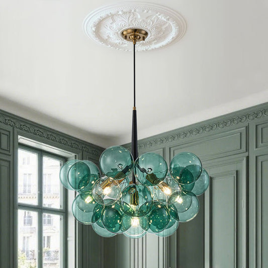 Lustre en laiton en verre bullé bleu sarcelle
