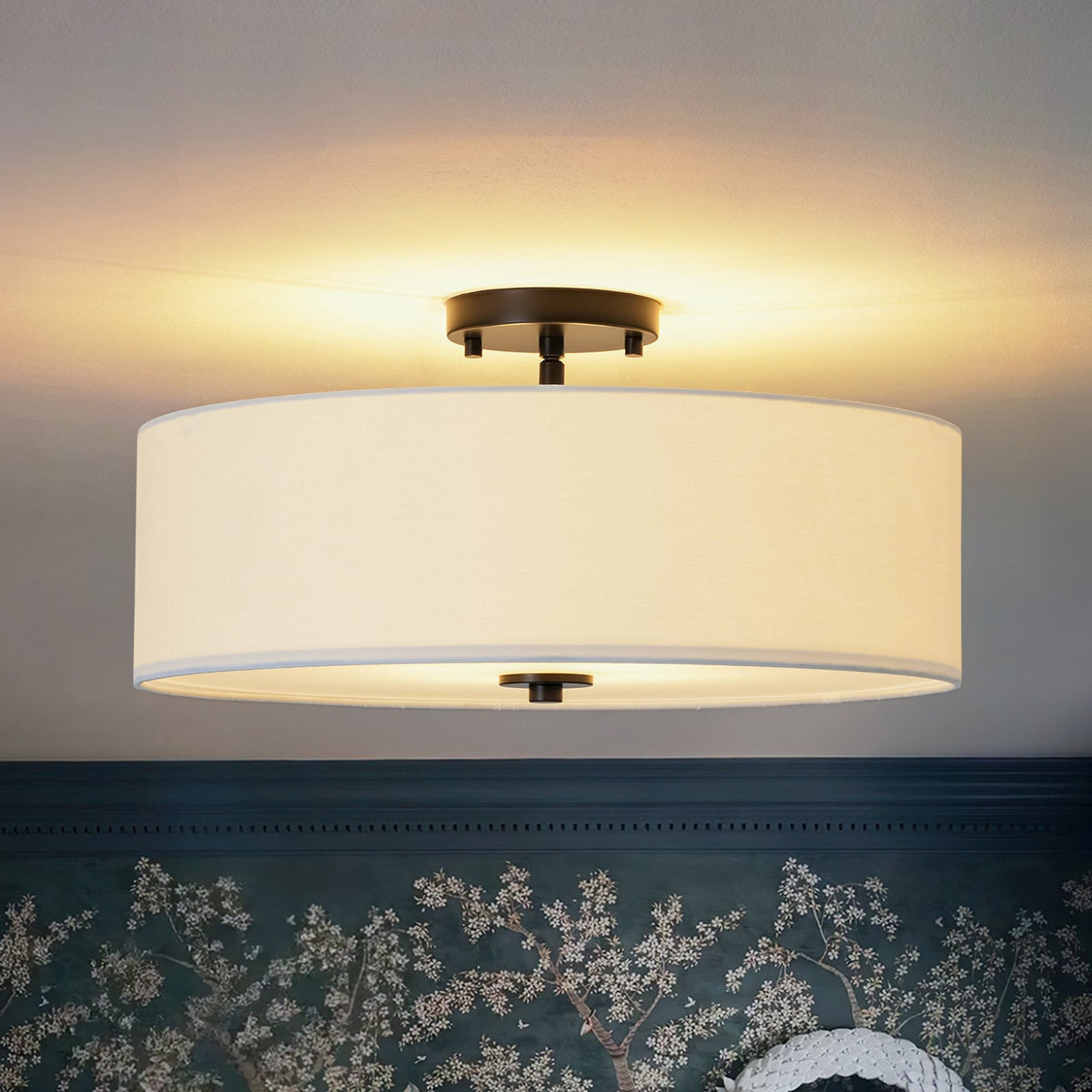 Plafonnier semi-encastré à tambour en lin blanc