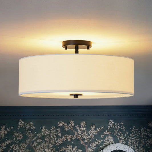 Plafonnier semi-encastré à tambour en lin blanc