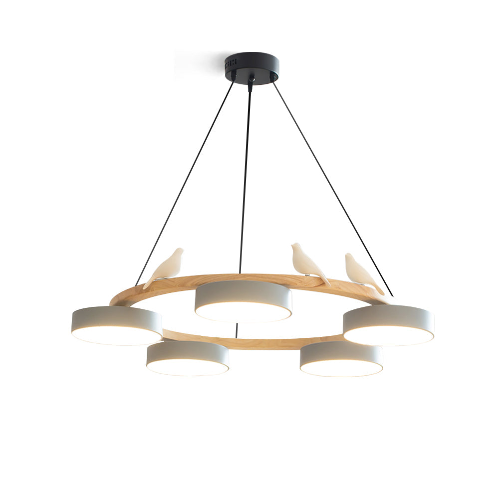 Lustre rond en bois avec oiseaux