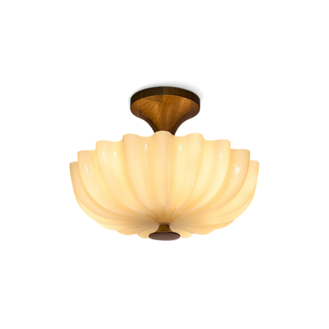 Plafonnier semi-affleurant en bois et verre festonné
