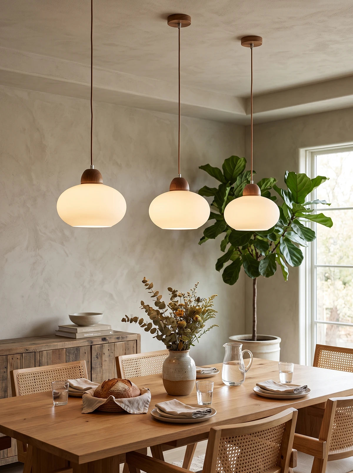 Suspension en bois et verre opalin#+#+#+#+