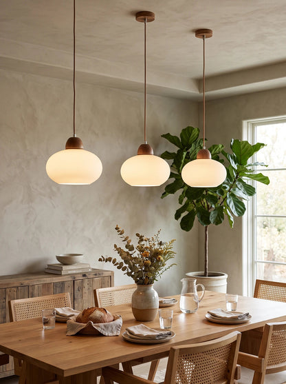 Suspension en bois et verre opalin#+#+#+#+