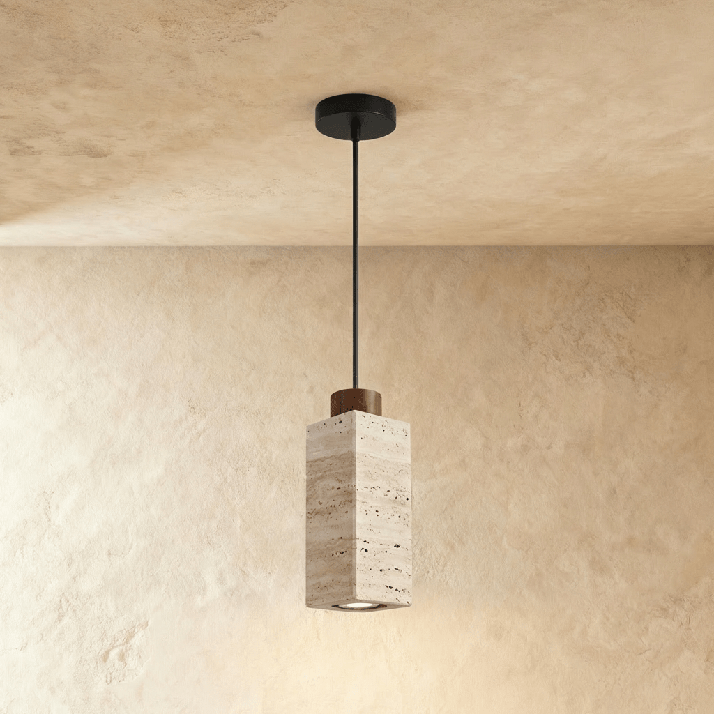 Suspension fine en bois et travertin