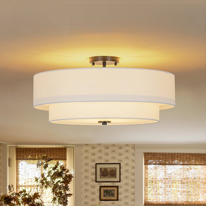 Plafonnier semi-encastré à tambour en lin blanc