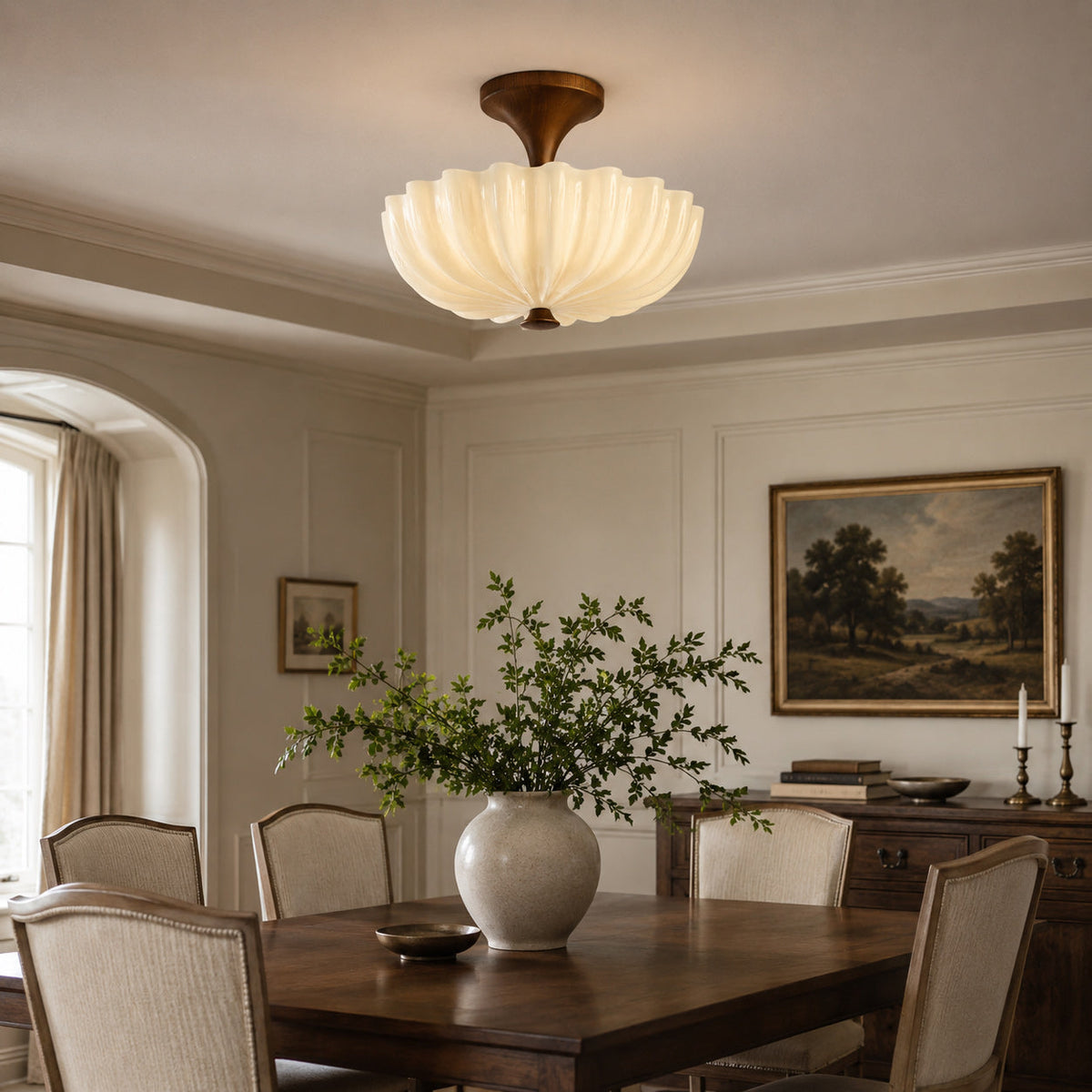 Plafonnier semi-affleurant en bois et verre festonné
