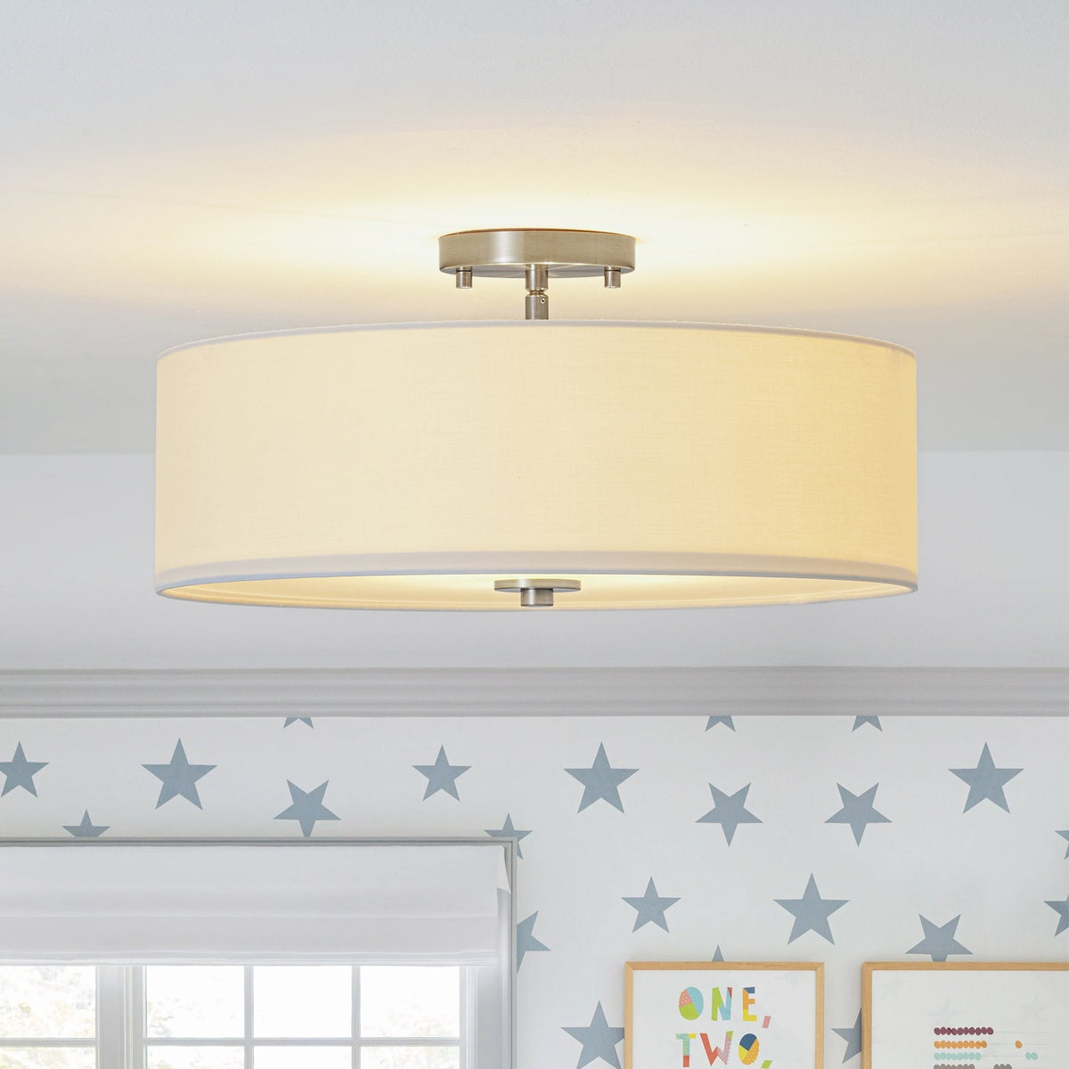 Plafonnier semi-encastré à tambour en lin blanc