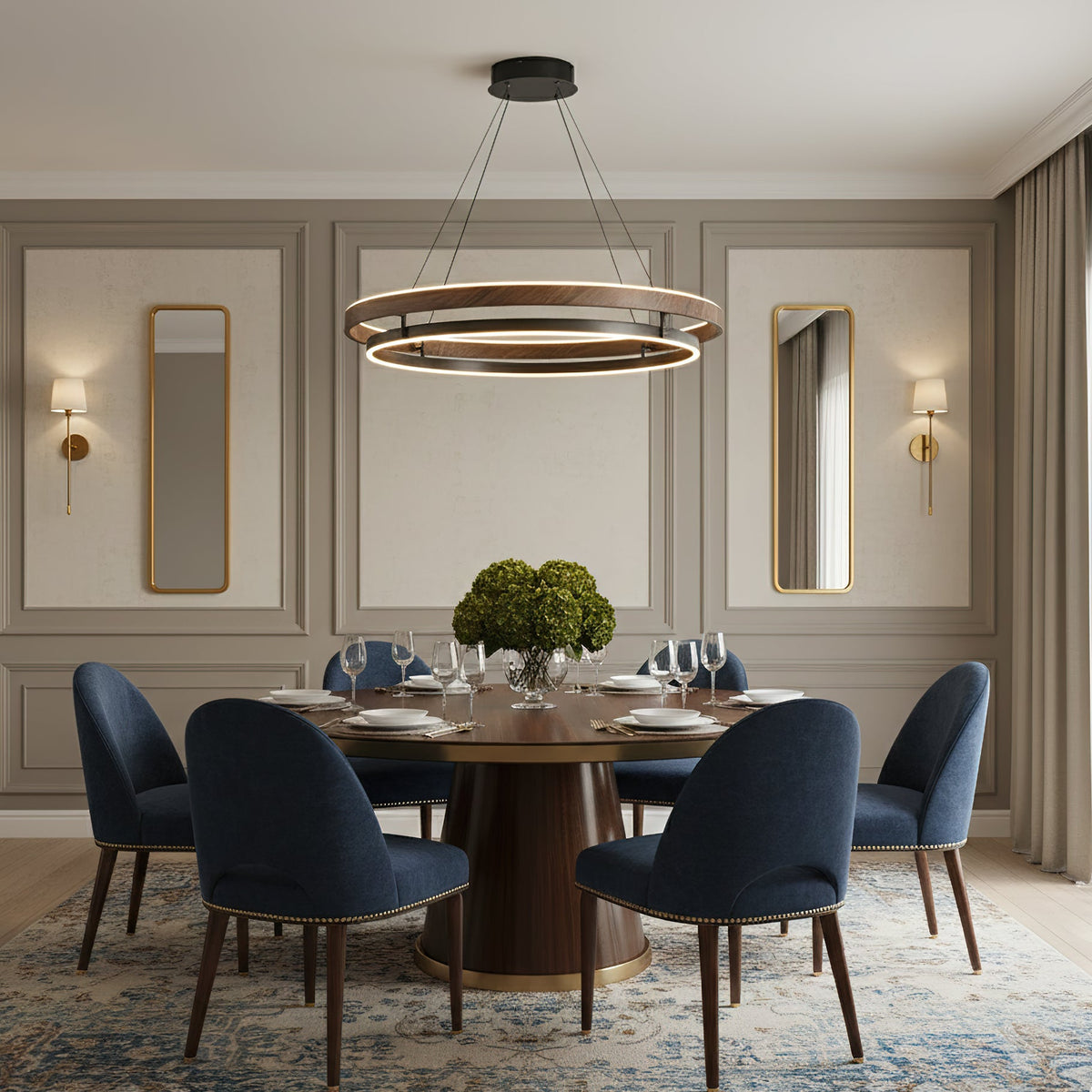 Lustre LED en noyer à double anneau