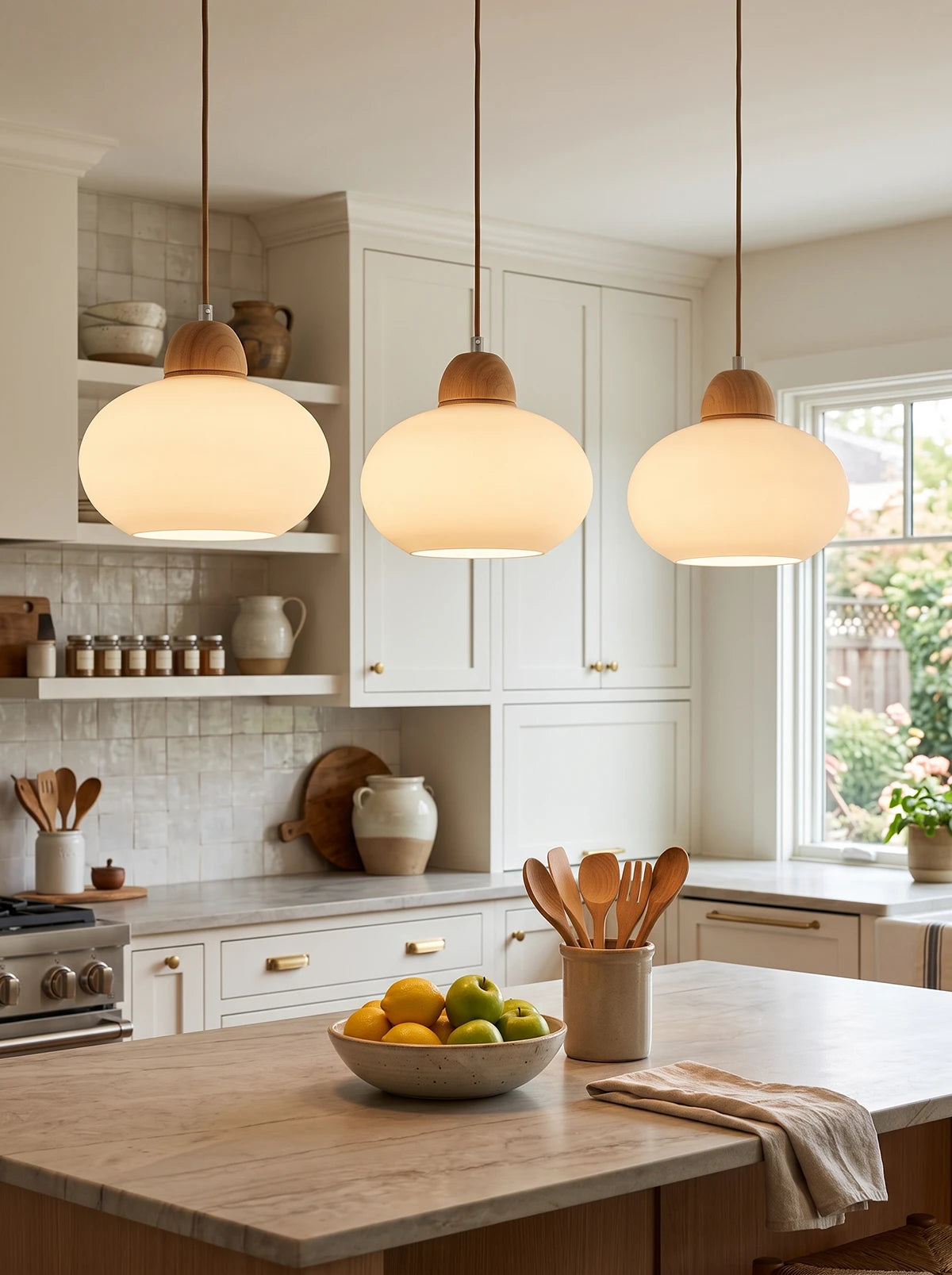 Suspension en bois et verre opalin#+#+#+#+