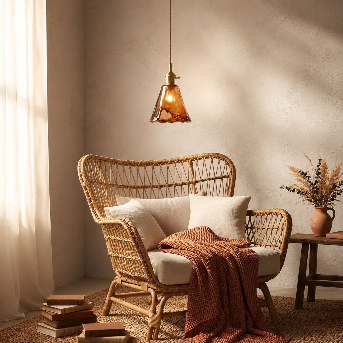 Suspension vintage en laiton et ambre