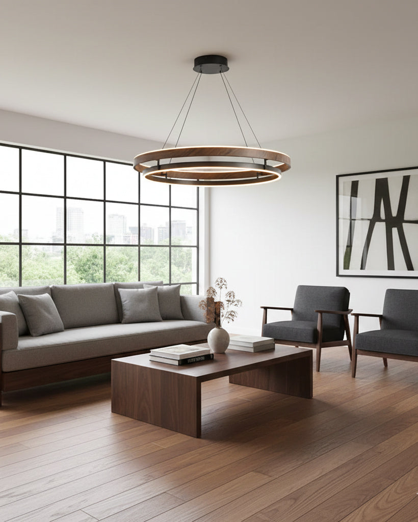 Lustre LED en noyer à double anneau