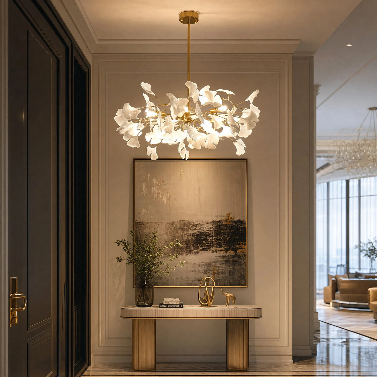 Lustre en laiton à pétales en céramique