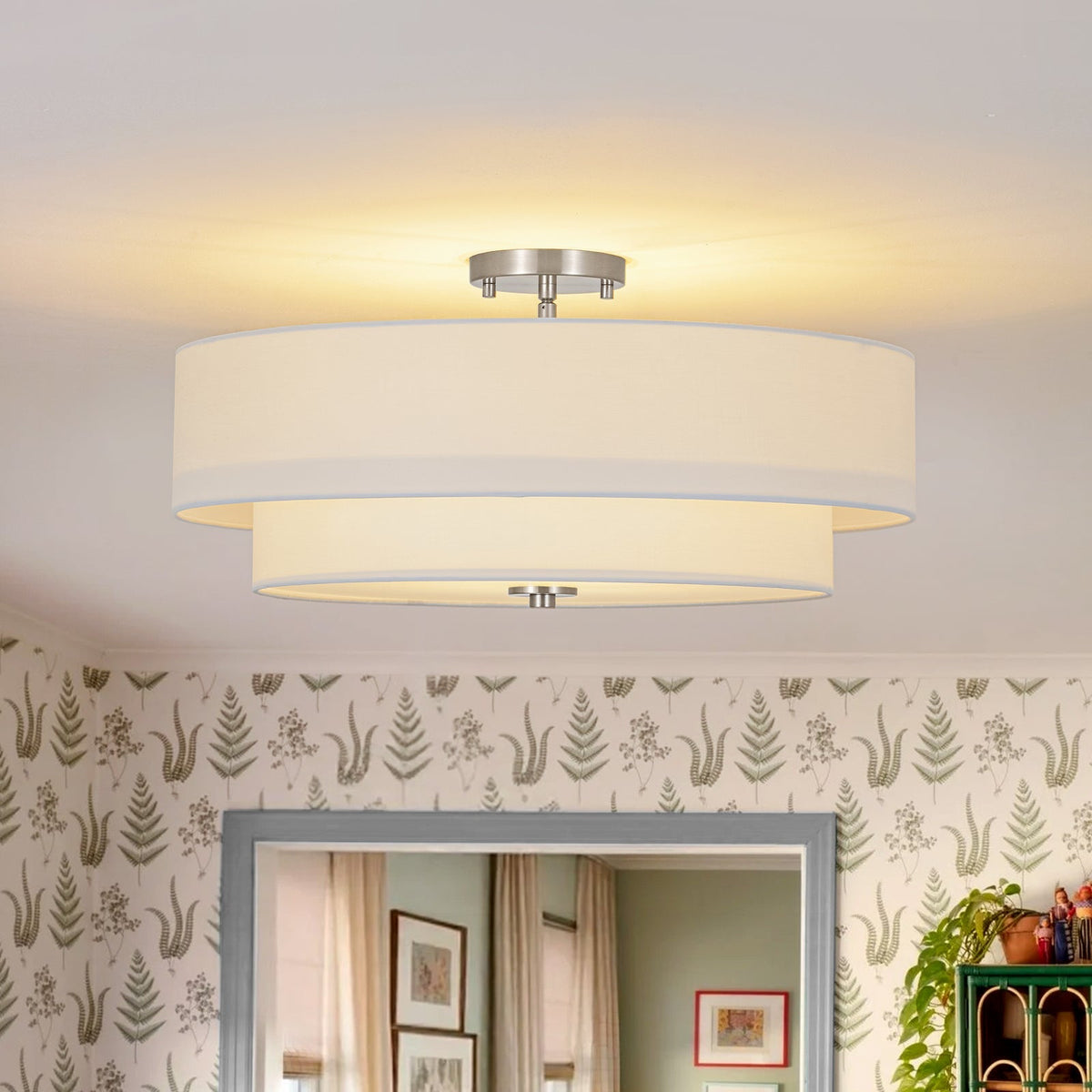 Plafonnier semi-encastré à tambour en lin blanc