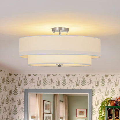 Plafonnier semi-encastré à tambour en lin blanc