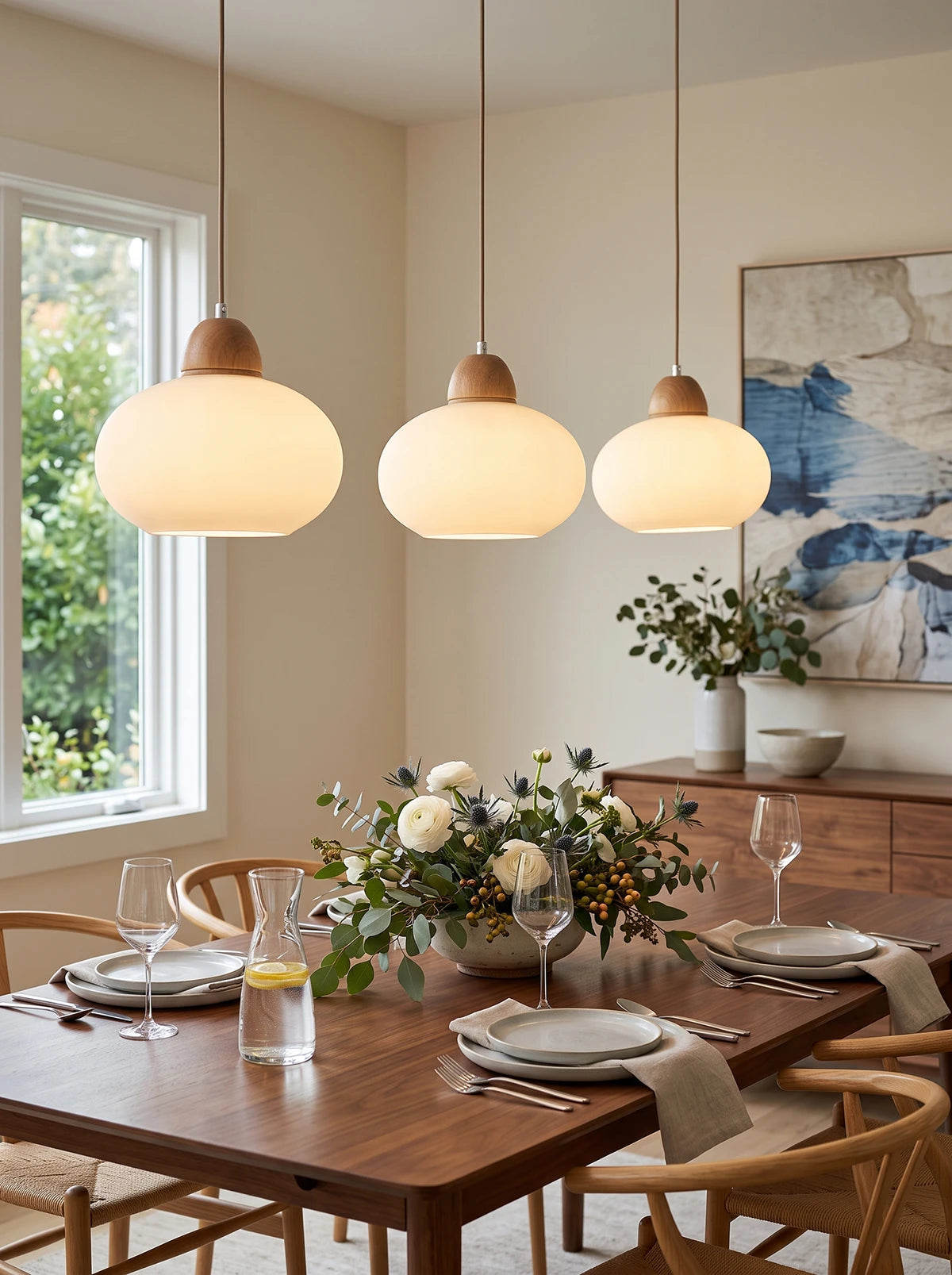 Suspension en bois et verre opalin#+#+#+#+