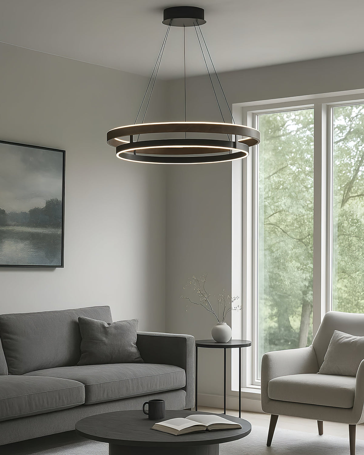 Lustre LED en noyer à double anneau