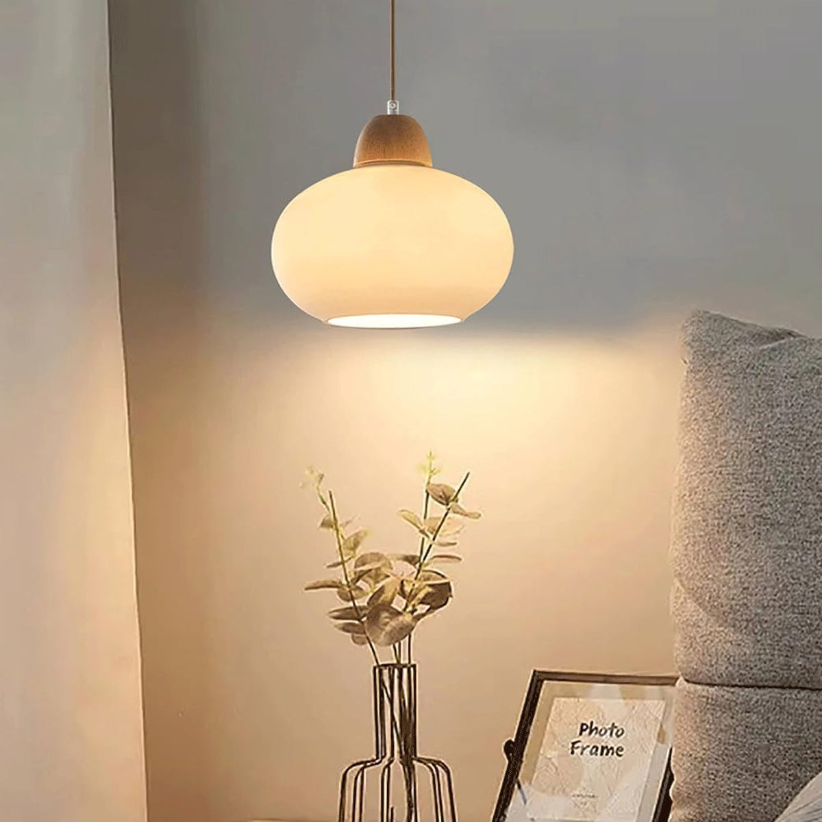 Suspension en bois et verre opalin#+#+#+#+
