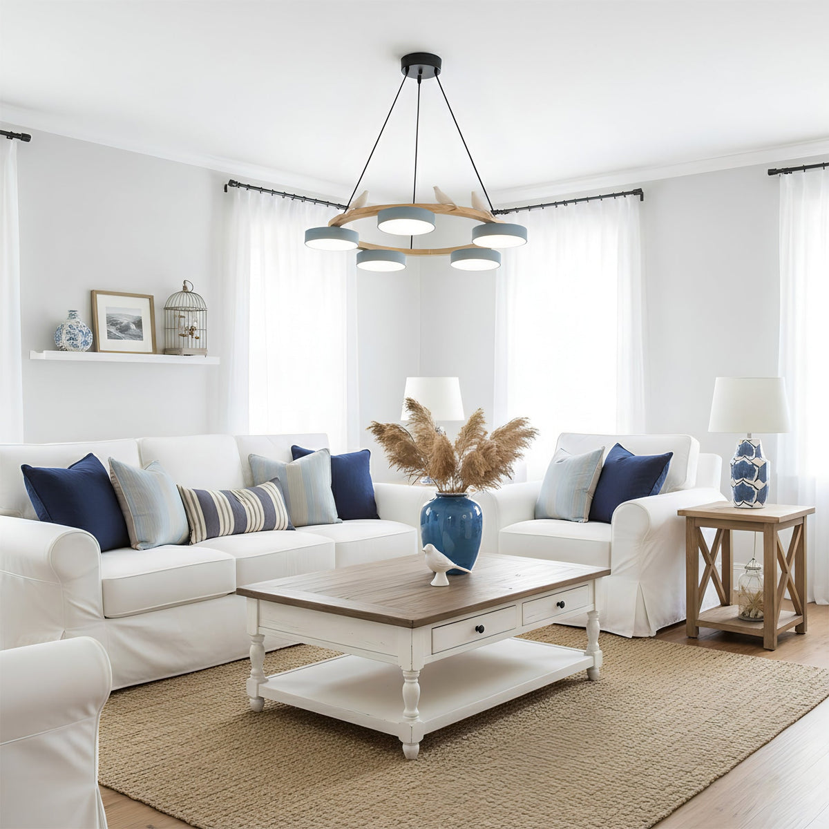 Lustre rond en bois avec oiseaux