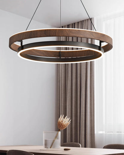 Lustre LED en noyer à double anneau