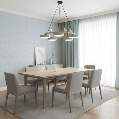 Lustre rond en bois avec oiseaux