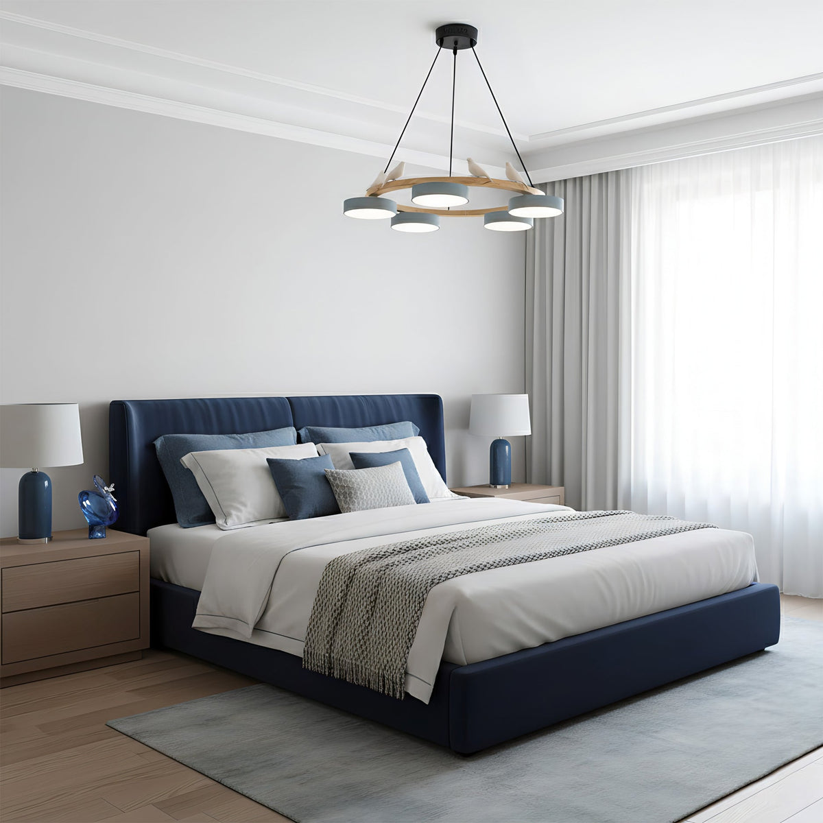 Lustre rond en bois avec oiseaux