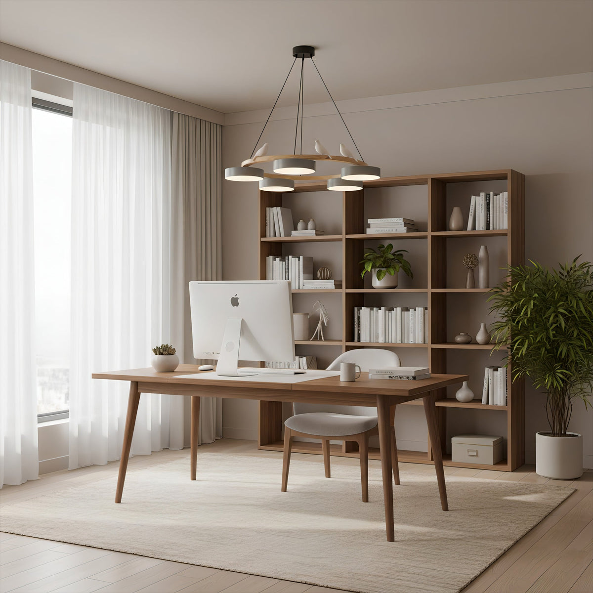Lustre rond en bois avec oiseaux