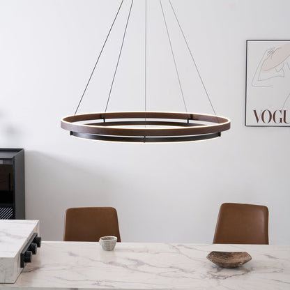 Lustre LED en noyer à double anneau