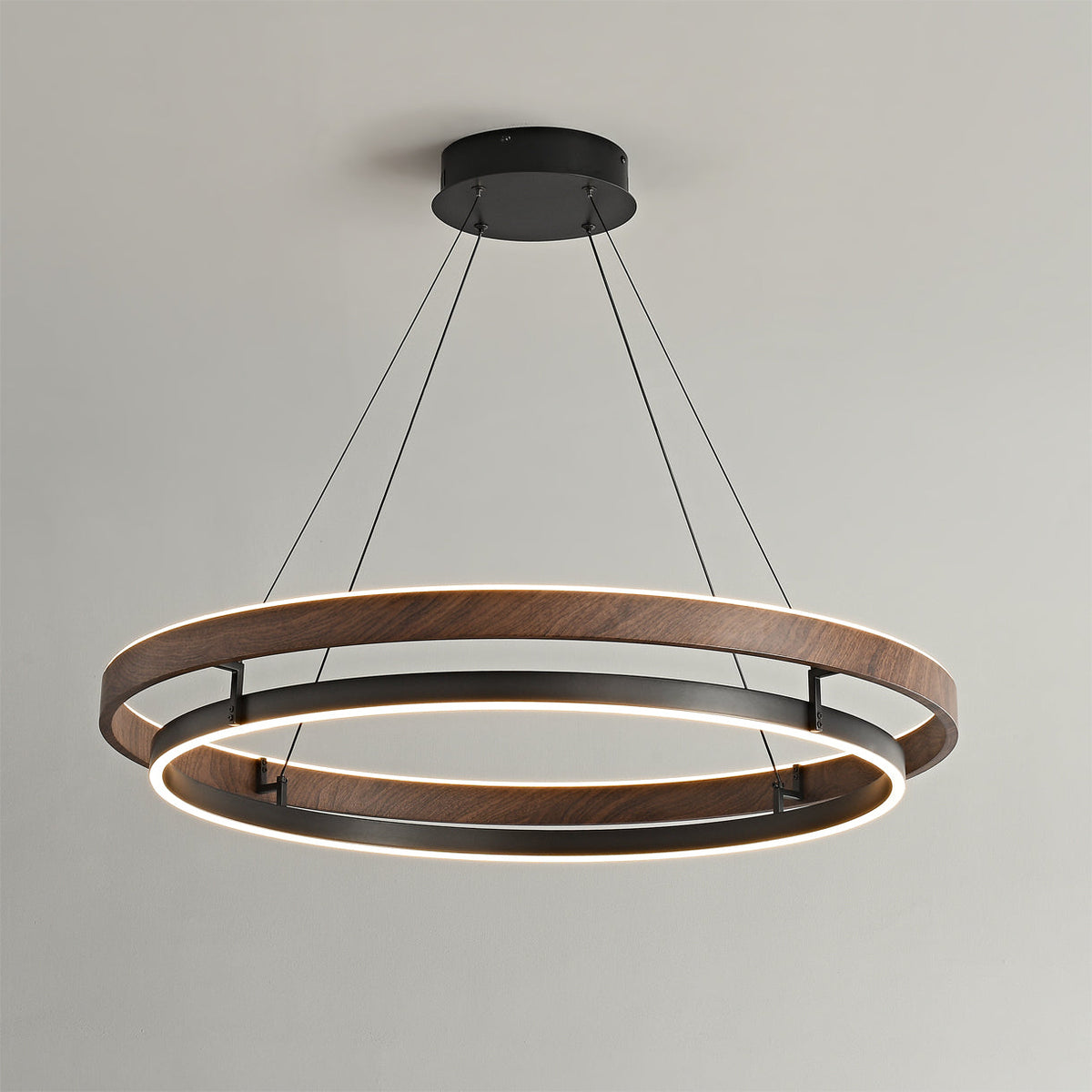Lustre LED en noyer à double anneau