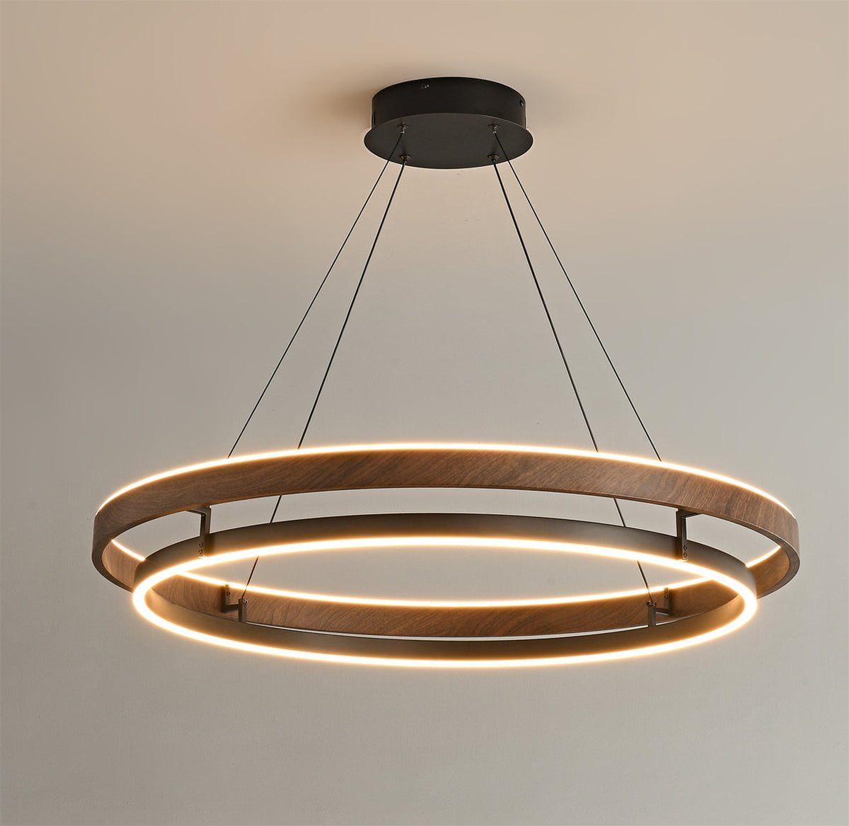 Lustre LED en noyer à double anneau