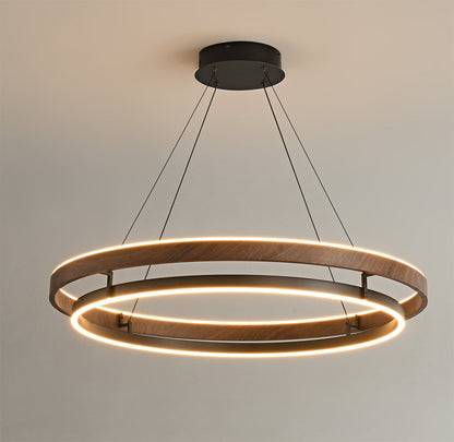 Lustre LED en noyer à double anneau