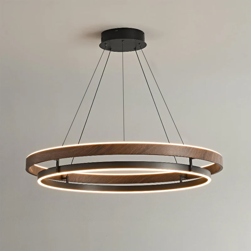 Lustre LED en noyer à double anneau
