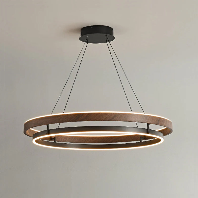 Lustre LED en noyer à double anneau