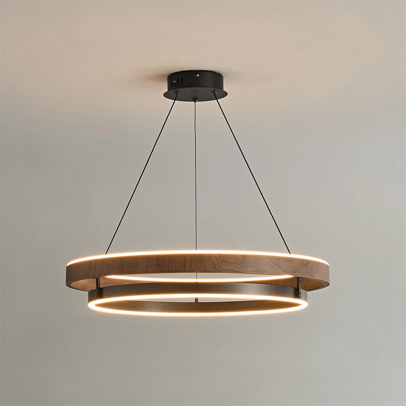 Lustre LED en noyer à double anneau