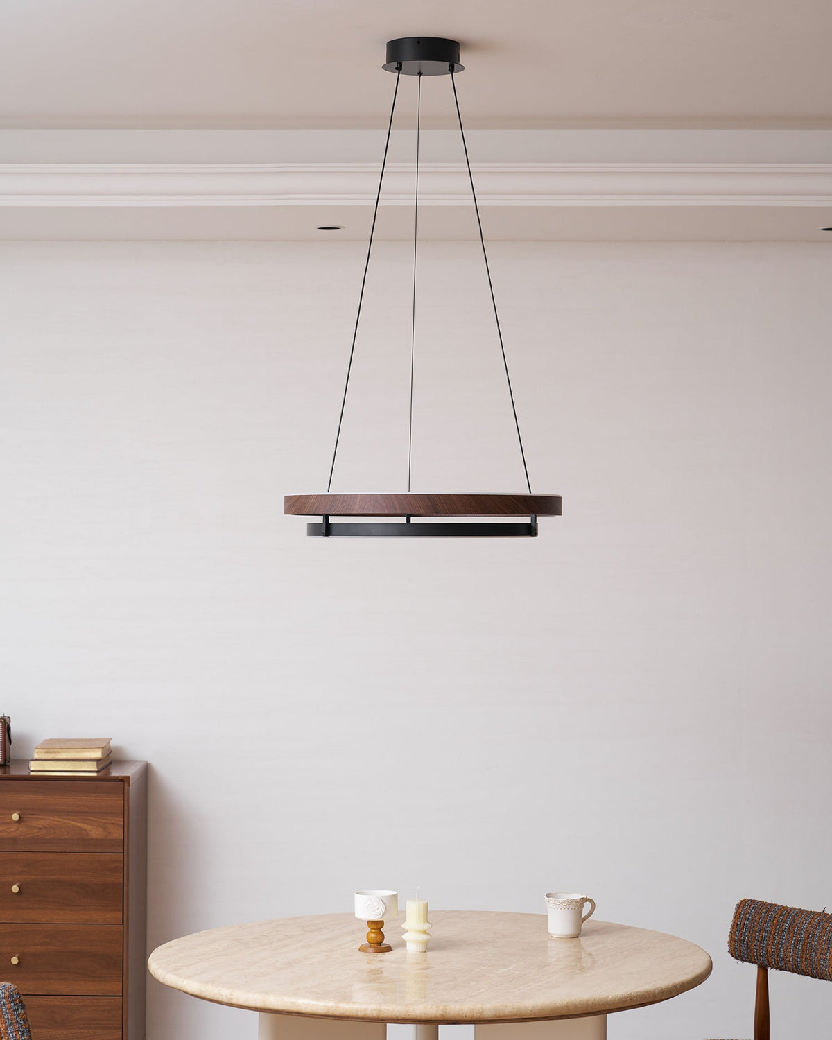 Lustre LED en noyer à double anneau