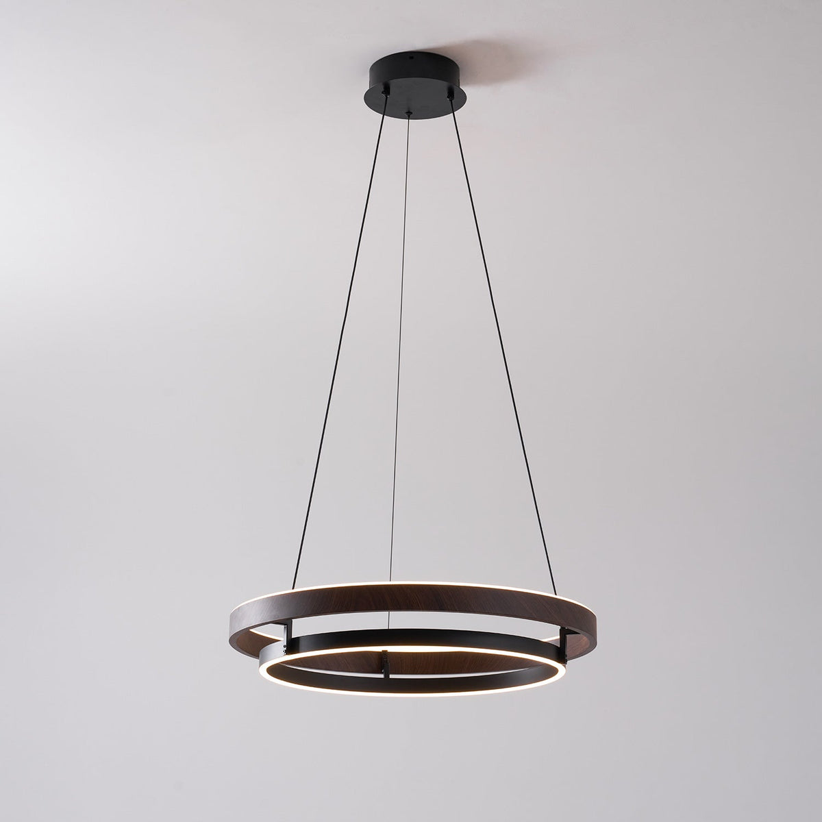 Lustre LED en noyer à double anneau