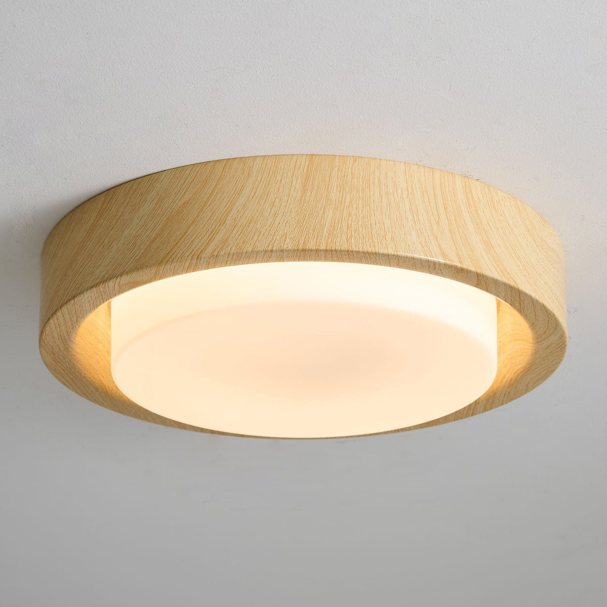 Plafonnier rond en bois et verre