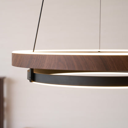 Lustre LED en noyer à double anneau
