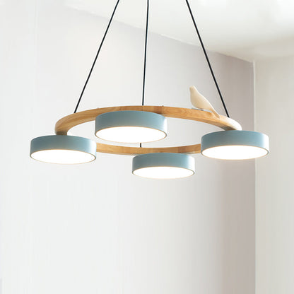 Lustre rond en bois avec oiseaux