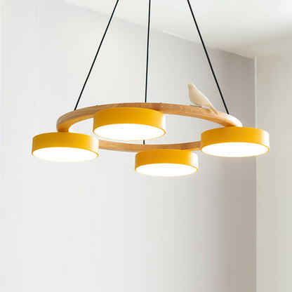 Lustre rond en bois avec oiseaux