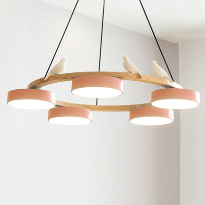 Lustre rond en bois avec oiseaux