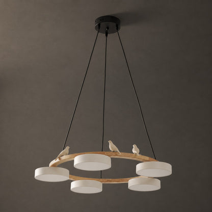Lustre rond en bois avec oiseaux
