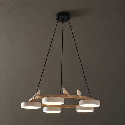 Lustre rond en bois avec oiseaux